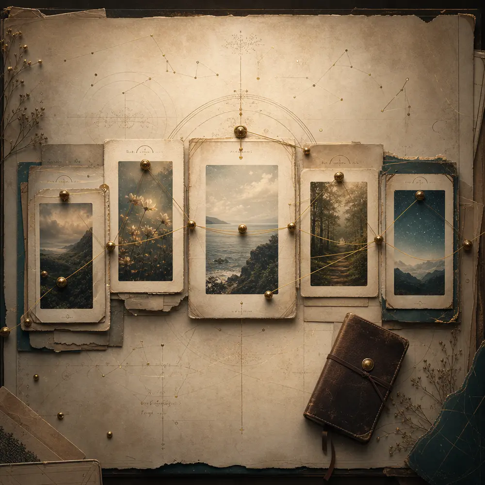 Archival memory cards connected by gold thread on parchment