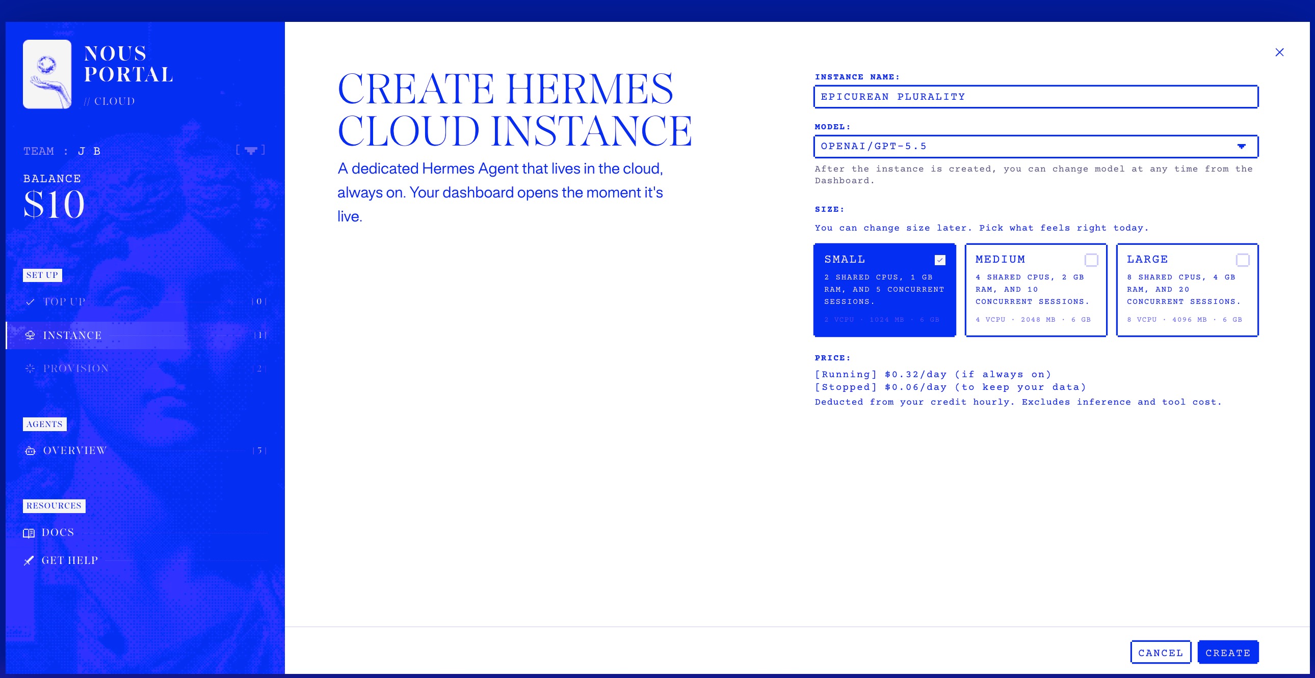 Nous Cloud create Hermes cloud instance form