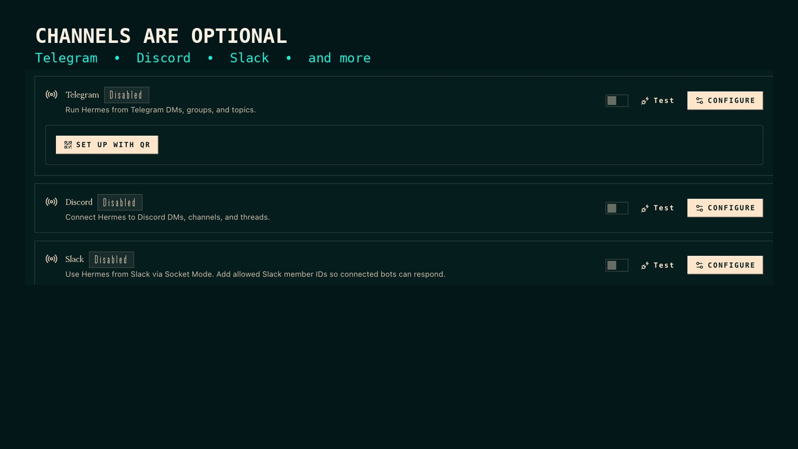 Hermes channels list showing optional messaging integrations